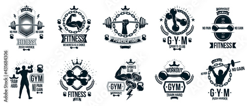 Fitness sport emblems logos or posters with barbells dumbbells kettlebells and muscle man silhouettes vector set, athletic workout active lifestyle theme, sport club or competition awards.