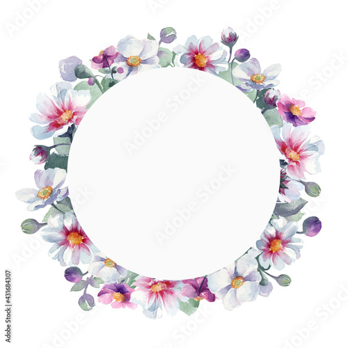 Watercolor hand drawn round frame on white background isolated. Many spring flowers: cosmos, purple anemones, anemones sylvestris. Buds sprouts leaves.  Nice frame for your rustic boho wedding design.