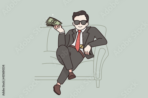 Luxury life and rich child concept. Happy arrogant rich kid boy millionaire cartoon character in suit sitting with bundle of money dollars cash in big luxury vector illustration 