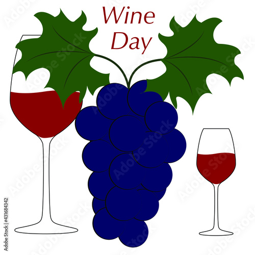 Drawing of two glasses of wine on a white isolated background. A bunch of blue grapes in the background. Vector illustration. Glasses with red wine. Wine day. 