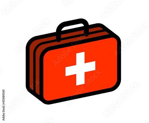 First aid medical kit vector illustration isolated on white background, doctor fast help or vaccination concept, emergency accident assistance.