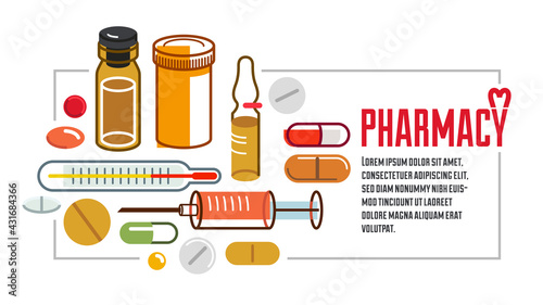 Pharmacy apothecary drugstore flyer, big composition set of medicaments vector flat illustration isolated, advertising banner health care and healing medical theme design.