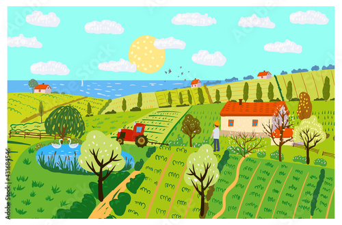 Spring rural landscape farm house, green fields, hills, blooming trees. Countryside panoramic nature, barn, tractor, farmer. flowers. Vector doodle illustration poster banner