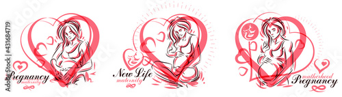 Pregnant woman vector hand drawn illustrations set isolated on white background, prenatal pregnancy baby shower theme, beautiful female motherhood new life.