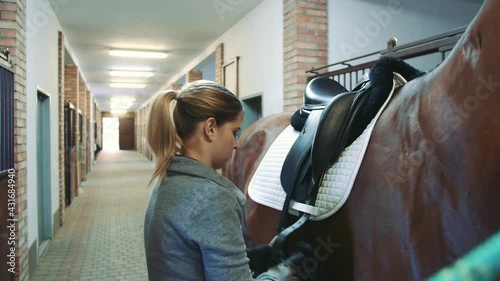 Woman arranging saddle on horse in stable.