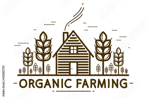 Farm house with spikes farming vector emblem or logo isolated on white background, woodhouse and wheat farm agriculture illustration, monochrome linear single-color version.