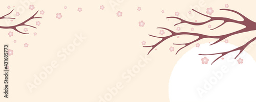 Traditional Asian background, plum tree branch in bloom, sun, copy space. Oriental, eastern style vector illustration. Design concept for Lunar New Year in China, Japan, Korea card, poster, banner.
