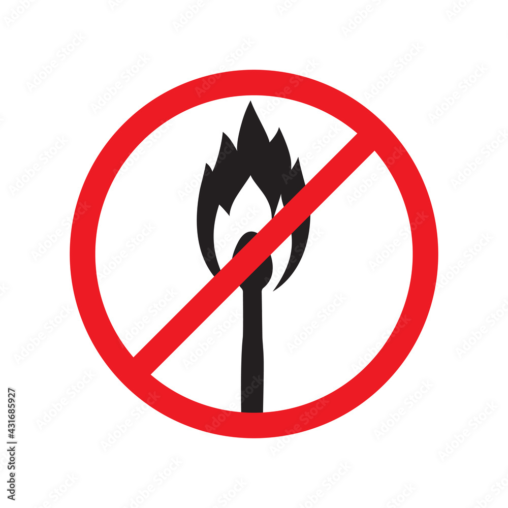 Crossed-out burning match. Red sign prohibiting making a fire. Strict graphic vector icon isolated on white background. Crossed-out burning match. Red sign prohibiting making a fire. Strict graphic vector icon isolated on white background.