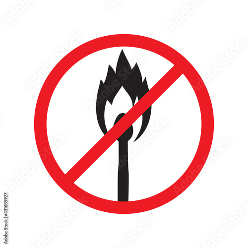 Crossed-out burning match. Red sign prohibiting making a fire. Strict graphic vector icon isolated on white background.