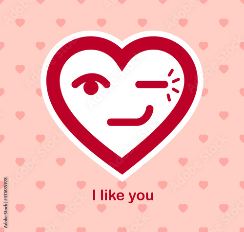 Blinking heart cheerful adorable facial expression, isolated vector conceptual icon or logo design, simple icon funny, compliment idea, flirt and romance theme.