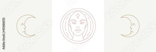 Magic woman and moon crescent in boho linear style vector illustrations set.