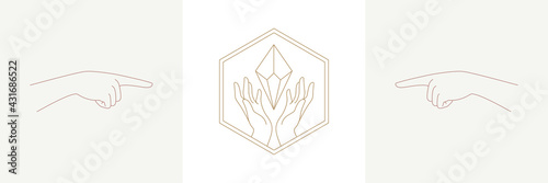 Woman hands with diamond in boho linear style vector illustrations set