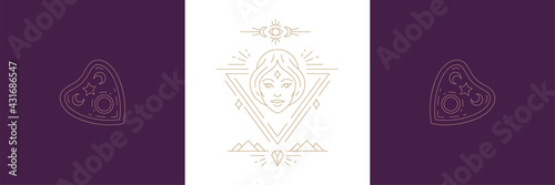 Fototapeta Naklejka Na Ścianę i Meble -  Magic woman face and ouija board pointer in boho linear style vector illustrations set.