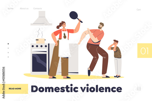 Domestic violence concept of landing page with angry wife and mother screaming at dad and kid
