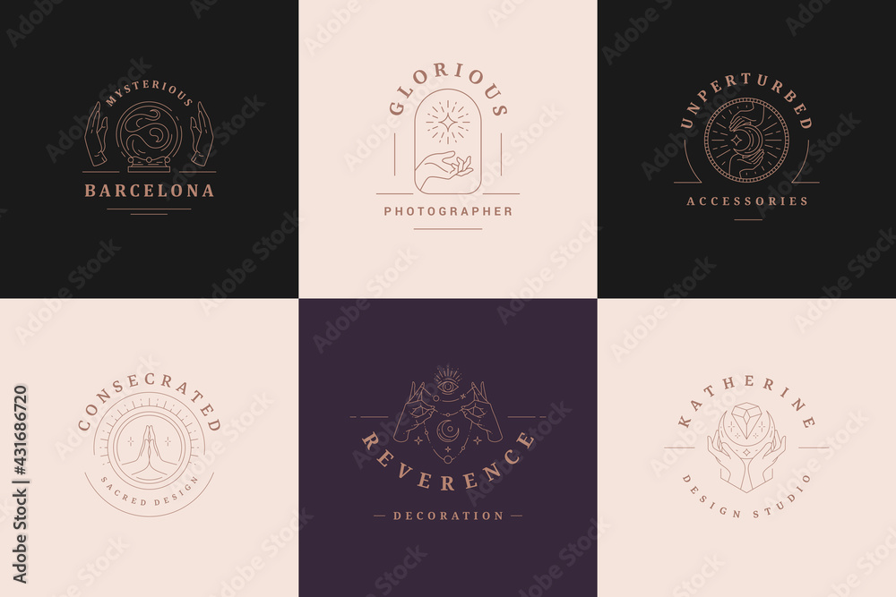 Magic logos emblems design templates set with mystic moon and female hands vector illustrations minimal linear style Magic logos emblems design templates set with mystic moon and female hands vector illustrations minimal linear style