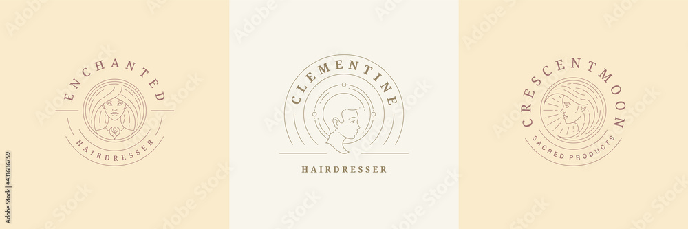 Feminine logos emblems design templates set with magic female portraits vector illustrations minimal line art style Feminine logos emblems design templates set with magic female portraits vector illustrations minimal line art style