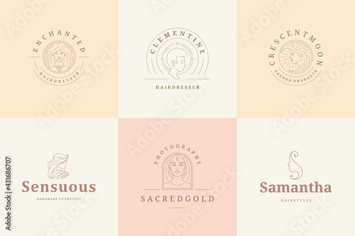 Feminine logos emblems design templates set with female portraits vector illustrations minimal linear style