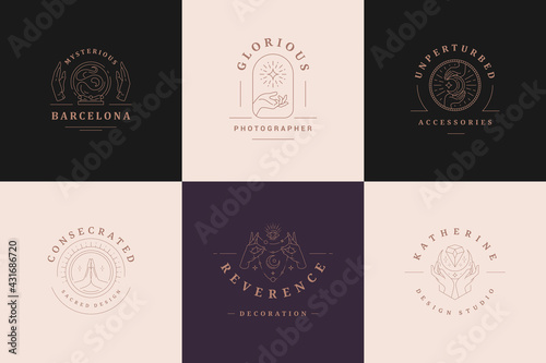 Magic logos emblems design templates set with mystic moon and female hands vector illustrations minimal linear style