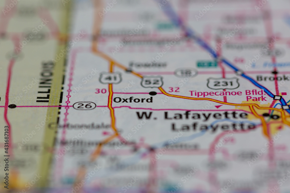 Foto Stock 05-04-2021 Portsmouth, Hampshire, UK, Oxford Indiana USA shown  on a geography map or road map | Adobe Stock