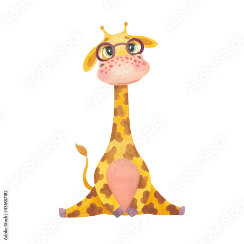 Cute watercolor character giraffe with glasses