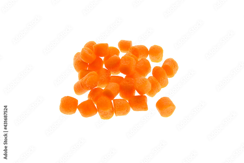 Close up view of orange boilies, fishing baits for carp isolated on white background Close up view of orange boilies, fishing baits for carp isolated on white background