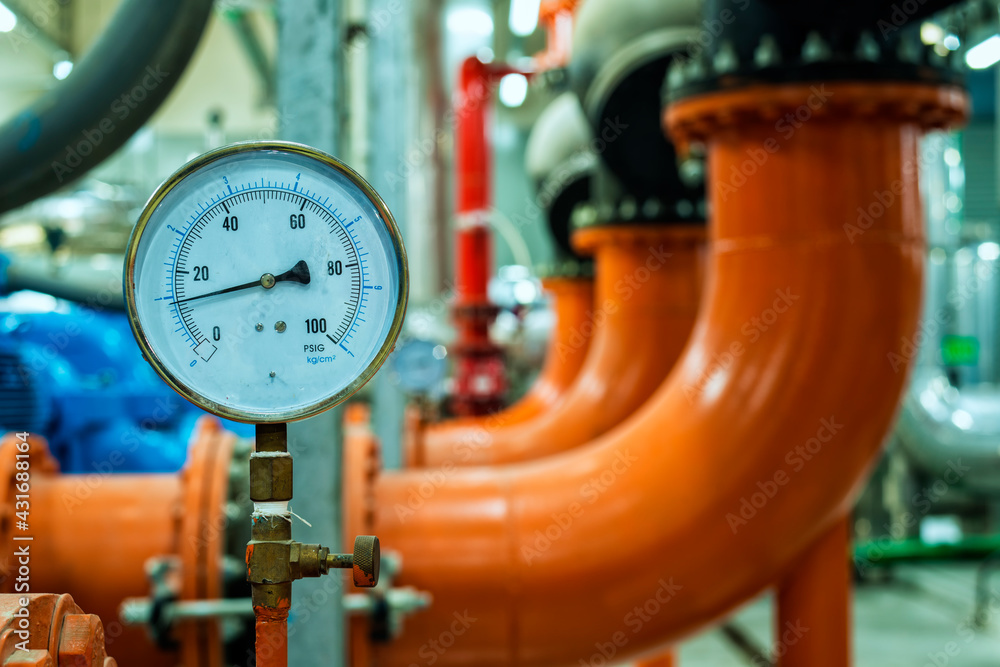 Pressure gauge water condenser pump and HVAC air conditioning system and pipping line of