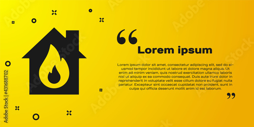 Black Fire in burning house icon isolated on yellow background. Vector