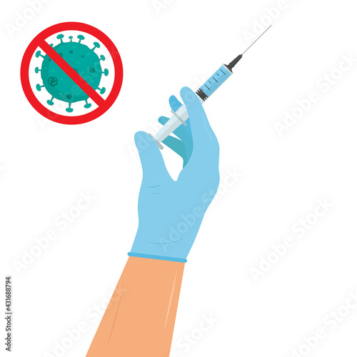 Vaccination concept. Coronavirus infection vaccine syringe in blue gloved hands of doctor, nurse, scientist. Isolated flat vector illustration.