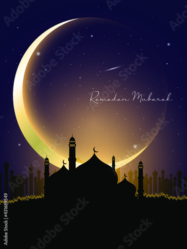 Ramadan Mubarak vector greeting background with grassland, moon and mosque with night scene for banner, Flyer, social media, print, poster, web.
