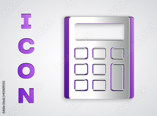 Paper cut Calculator icon isolated on grey background. Accounting symbol. Business calculations mathematics education and finance. Paper art style. Vector