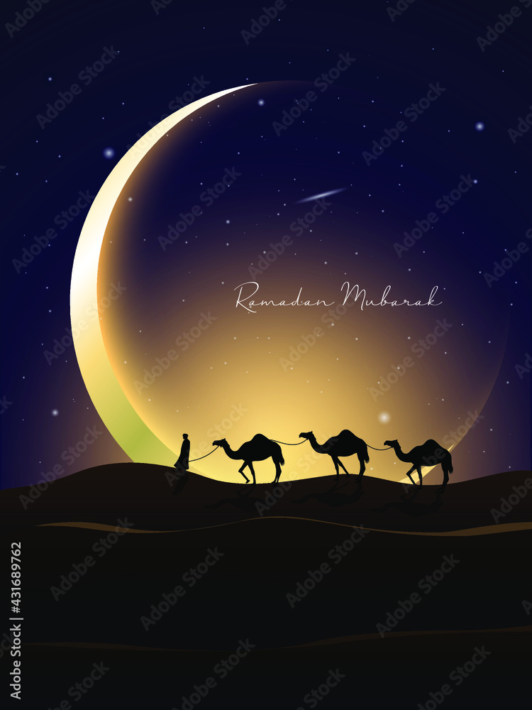 Ramadan Mubarak vector greeting background with desert, moon and camel with night scene for banner, Flyer, social media, print, poster, web. Ramadan Mubarak vector greeting background with desert, moon and camel with night scene for banner, Flyer, social media, print, poster, web.