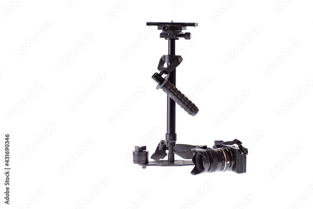 Mechanical steadicam with camera on white background