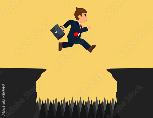 Businessman jumping over gap that full of spear and thorn. conquering obstacle challenge concept