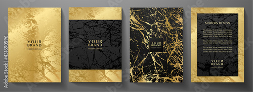 Modern black and gold cover, frame design set. Creative premium abstract with marble texture (crack) background. Luxury vector collection for catalog, brochure template, magazine layout, luxe booklet photo