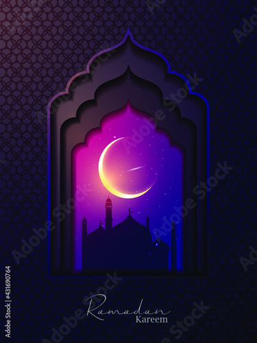 Ramadan and Eid Mubarak vector greeting background with Islamic window and mosque for banner, Flyer, social media, print, poster, web.