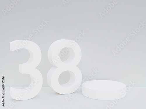 Scene with podium for mock up presentation in white color  minimalism style and number 38 with copy space  3d render abstract background