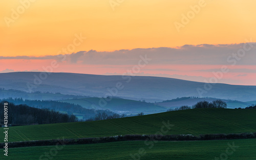 Sunset over Totnes fields, Berry Pomeroy Village, Devon, England, Europe