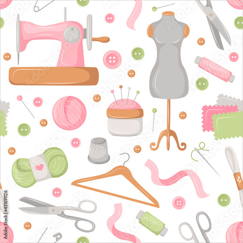 Seamless pattern with sewing and knitting tools, drawn in cartoon style for tailor shop. Delicate pink vector background. Fashion illustration with a set of objects, the profession of a draper. 