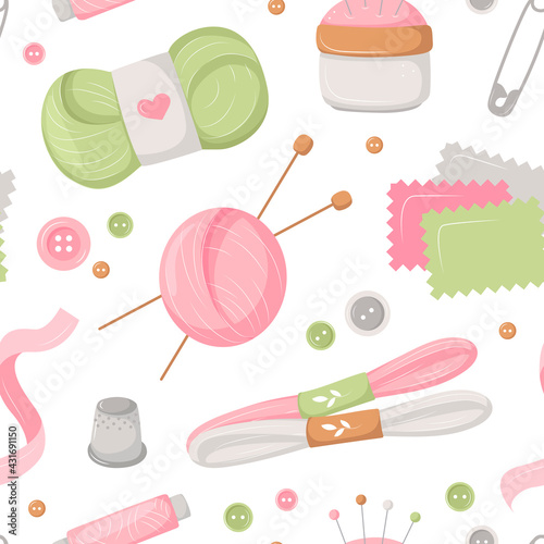 Seamless pattern with sewing and knitting tools, drawn in cartoon style for tailor shop. Delicate pink vector background. Fashion illustration with a set of objects, the profession of a draper. 