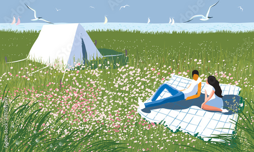 Couple relaxing on a blooming meadow of the lake shore on a summer sunny day. Vector EPS10