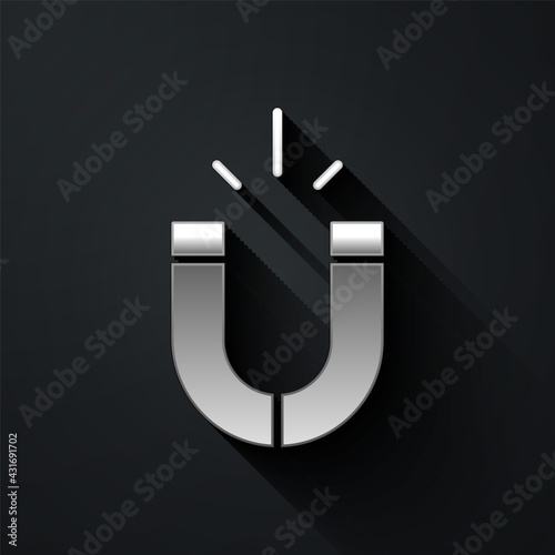 Silver Magnet icon isolated on black background. Horseshoe magnet, magnetism, magnetize, attraction. Long shadow style. Vector