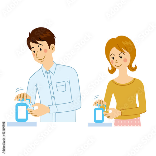 手を洗剤で洗う男女