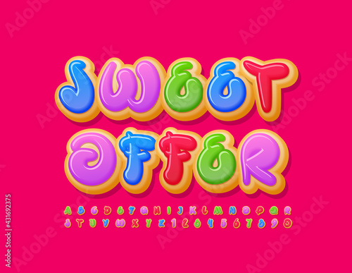 Vector bright advertising Sweet Offer. Artistic style Font. Tasty Donut Alphabet Letters and Numbers set