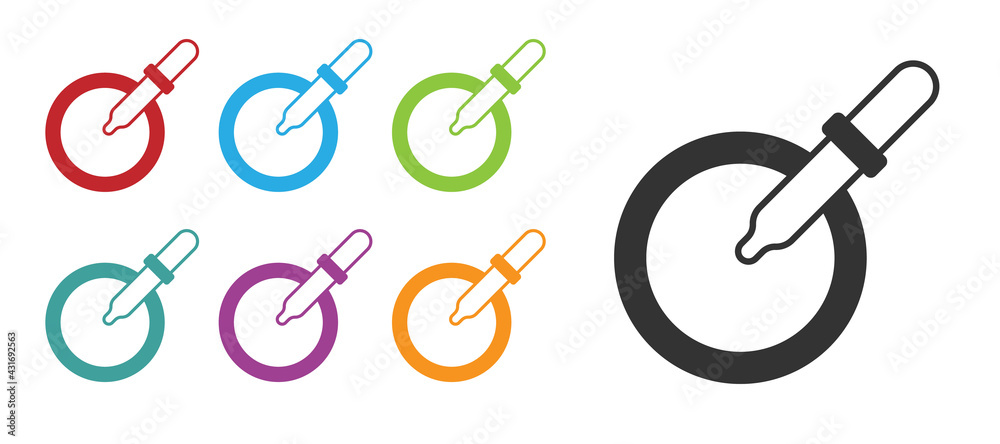 Black Petri dish with pipette icon isolated on white background. Set icons colorful. Vector Black Petri dish with pipette icon isolated on white background. Set icons colorful. Vector