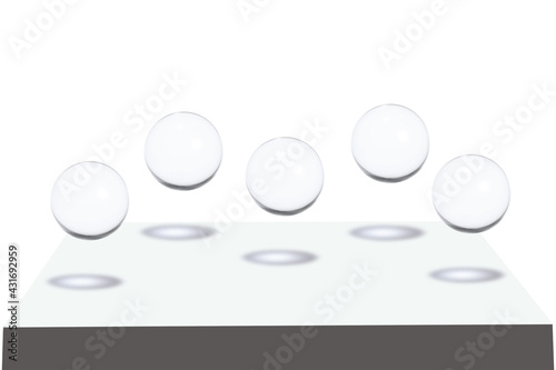 five transparent balls shperes flying on grey base with copy space for your text