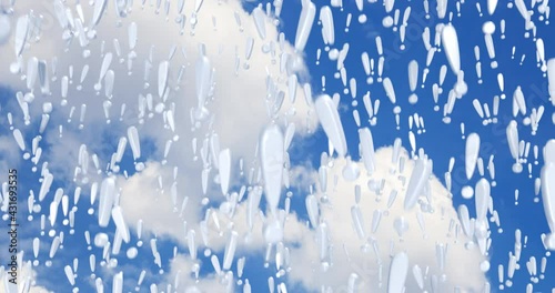 Many symbols of white 3d exclamation mark, descend, on sky background.