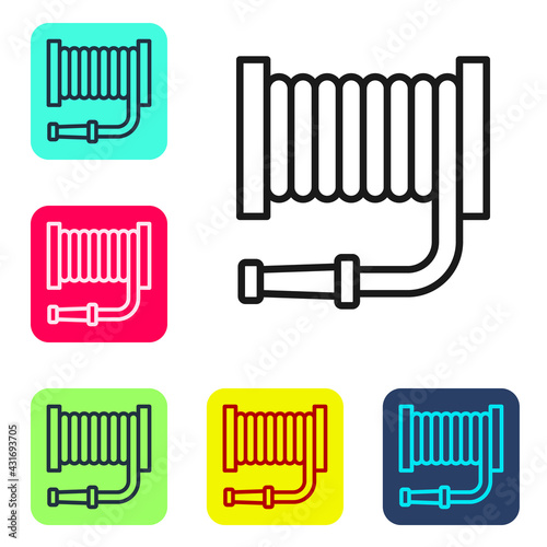 Black line Fire hose reel icon isolated on white background. Set icons in color square buttons. Vector