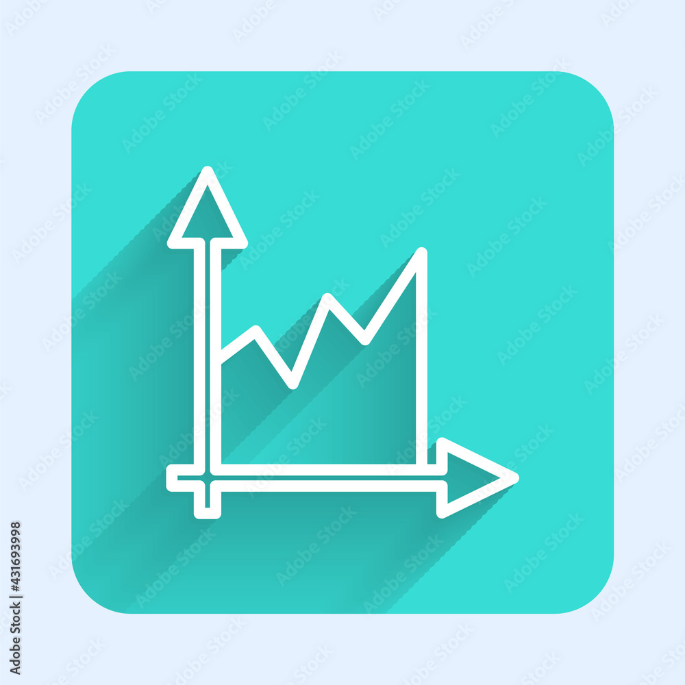 Obraz premium White line Graph, schedule, chart, diagram, infographic, pie graph icon isolated with long shadow. Green square button. Vector