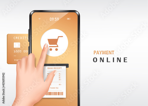 Raise your hand and press your finger to the shopping cart to pay online and a receipt paper came out of the slot With a credit card inserted in the slot,shopping online on application smartphone