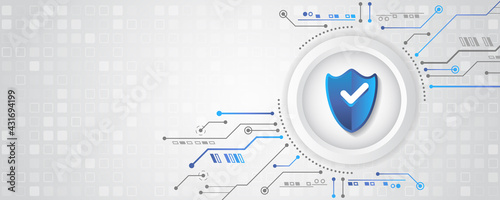 Data security system, information or network protection. Cyber security and data protection. Shield icon, future technology for verification. Abstract circuit board.